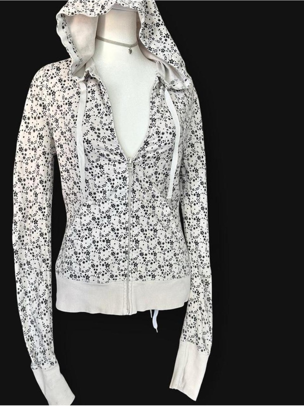 ellemenno White Floral Zip Hoodie with Black Print